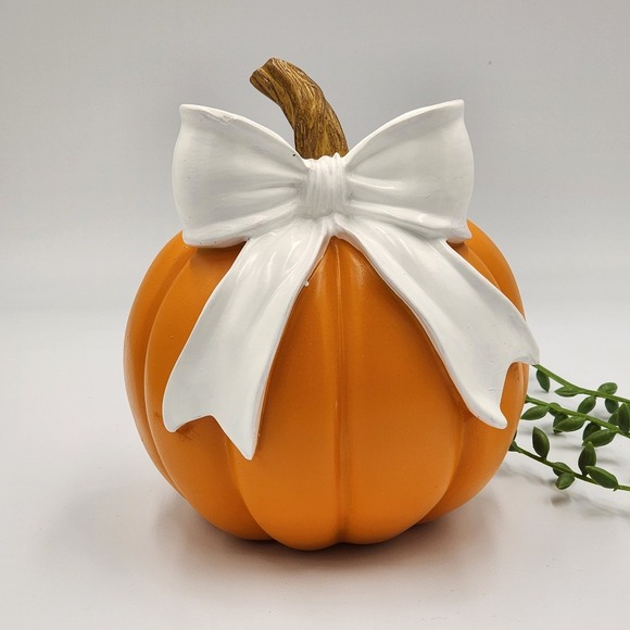 The Unbranded Brand Other - Orange Pumpkin White Bow Resin Figure Fall Halloween Thanksgiving 6"x5" Tabletop